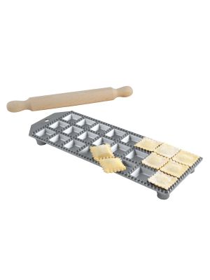 Eppic ravioli maker 24 sq. holes 32x32 alum. rolling pin box