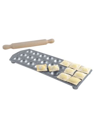 Eppic ravioli maker 24 rd. holes 40x40 alum. rolling pin box