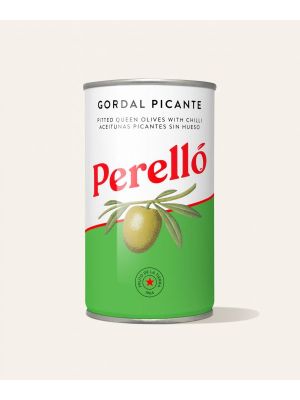 Perello Olives Gordal Queen green pitted chilli 150g Tin sml