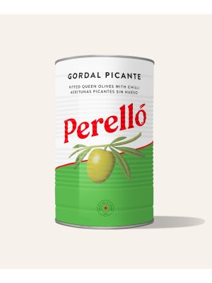 Perello Olives Gordal Queen green pitted chilli 2kg Tin XL