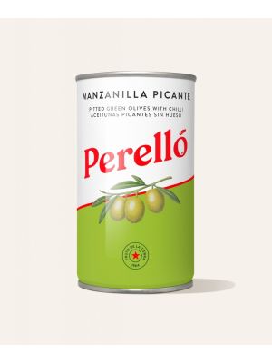 Perello Olives Manzanilla pitted green chilli 150g Tin sml