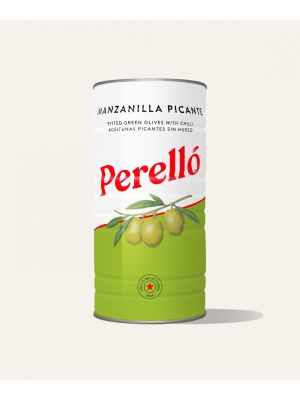 Perello Olives Manzanilla green pitted chilli 600g Tin lrg