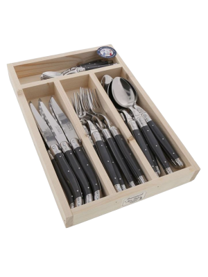 Laguiole 24 Piece Cutlery Set Tonic Grey Eco Natural Wood Tray