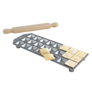 Eppic ravioli maker 24 sq. holes 32x32 alum. rolling pin box
