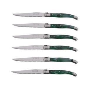 Laguiole 6 SteakKnife BLOCK ANGLE MALACHITE HORN GREEN LF 1.2